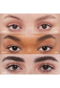 Voor en na vergelijking van drie paar ogen. Opvallende veranderingen zijn onder andere vollere wimpers en goed gedefinieerde wenkbrauwen op de na-foto's.