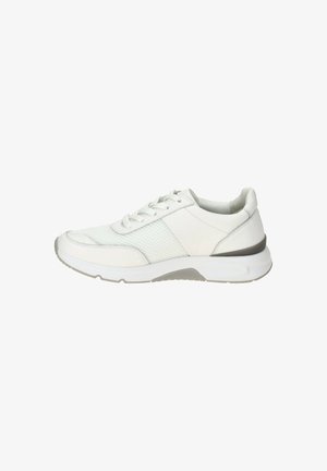 White athletic shoes with a textured mesh panel, smooth leather accents, rounded toe, and cushioned sole, featuring gray detailing on the heel.