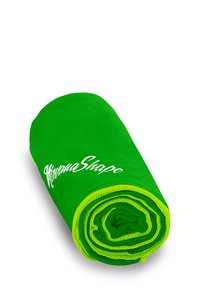 Green rolled towel with a soft texture, featuring a contrasting yellow trim and the brand name "HihannaShape" in white on the surface.