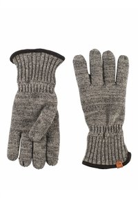 Pair of gray knit wool gloves with ribbed cuffs and black trim, laid flat with one glove showing palm and the other back.