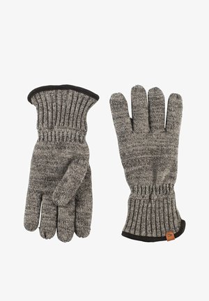 Pair of gray knit wool gloves with ribbed cuffs and black trim, laid flat with one glove showing palm and the other back.