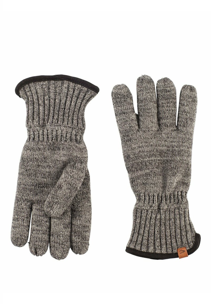 Pair of gray knit wool gloves with ribbed cuffs and black trim, laid flat with one glove showing palm and the other back.