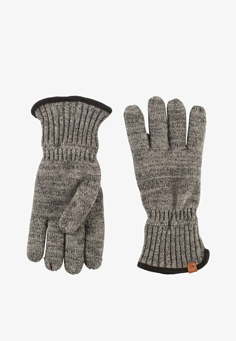 Pair of gray knit wool gloves with ribbed cuffs and black trim, laid flat with one glove showing palm and the other back.