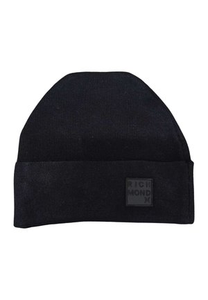 Cappello beanie nero in maglia con risvolto e una piccola toppa quadrata con la scritta "RICHMOND X" sul risvolto.