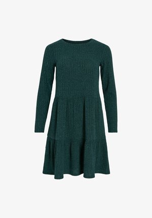 Langärmliges, dunkelgrünes Kleid aus geripptem Stoff. Verfügt über ein tailliertes Oberteil und einen ausgestellten, gestuften Rock. Rundhalsausschnitt, weiche Textur.