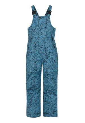 Salopette blu con un motivo a pois neri, realizzata in un tessuto testurizzato. Presenta spalline regolabili e tasche laterali.