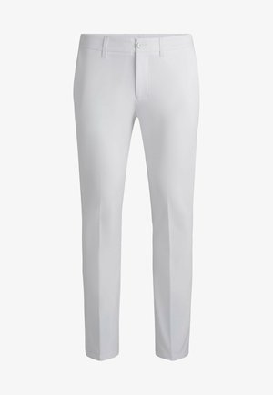 Weiße Hose mit glatter Textur, geradem Bein, Knopfverschluss und Gürtelschlaufen. Maßgeschneiderte Passform für ein elegantes Erscheinungsbild.