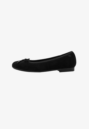 Black suede women’s ballet flat shoe with a small bow on the toe and a low heel, shown from the side on a white background.
