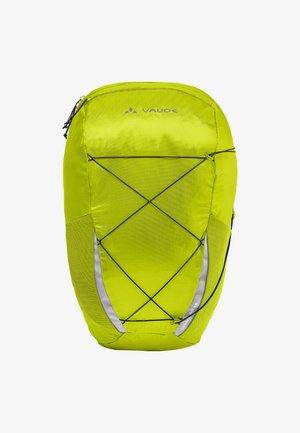 Sac à dos vert lime éclatant avec une surface texturée, des cordons bungee à l'avant et des accents réfléchissants. Il présente une forme arrondie et épurée.
