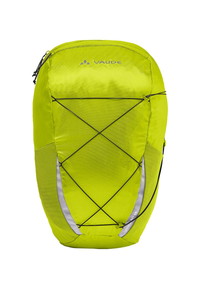 Sac à dos vert lime éclatant avec une surface texturée, des cordons bungee à l'avant et des accents réfléchissants. Il présente une forme arrondie et épurée.