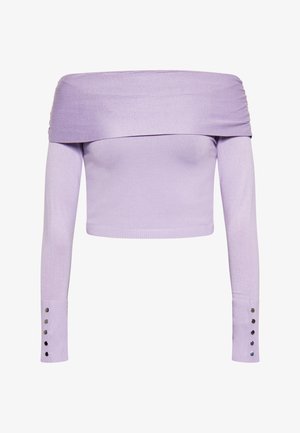 Top lila croppat cu umeri goi, cu mâneci lungi, textură canal, și accente cu nasturi de-a lungul manșetelor.