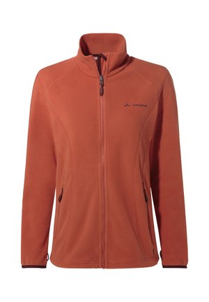 Giacca in pile da donna color arancione ruggine con zip completa, collo alto, due tasche laterali con zip e logo Vaude sul petto.