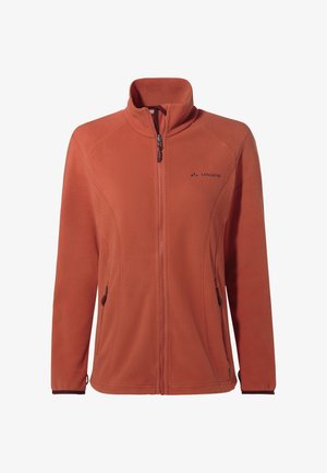 Giacca in pile da donna color arancione ruggine con zip completa, collo alto, due tasche laterali con zip e logo Vaude sul petto.
