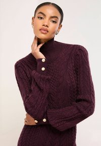 Adīts džemperis dziļi violetā krāsā ar augstu riboto apkakli, kabeļu rakstu un pogām noklātiem aproču galiem ar zelta krāsas pogām.