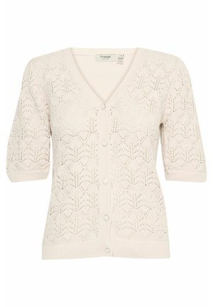 Cardigan lavorato a maglia in crema chiaro, con scollatura a V, maniche corte, bottoni frontali e un delicato motivo a foglia con accenti in costina ai bordi.