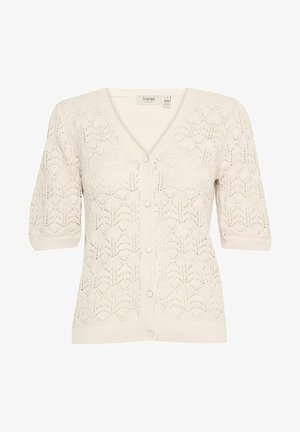 Cárdigan de punto en crema claro, con escote en V, mangas cortas, botones frontales y un delicado patrón de hojas con acentos en canalé en los dobladillos.