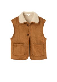Veste en daim marron avec un col en fausse fourrure crème, comprenant deux poches avant et une fermeture par boutons. Texture lisse avec un design simple.