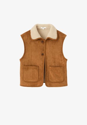 Veste en daim marron avec un col en fausse fourrure crème, comprenant deux poches avant et une fermeture par boutons. Texture lisse avec un design simple.