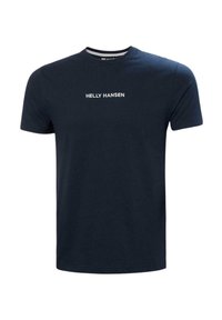 Námořnická modrá bavlněná tričko s krátkým rukávem a kulatým výstřihem, s bílým logem "HELly HANSEN" na přední straně. Hladká textura, ležérní design.