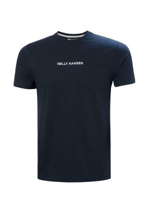 Camiseta de algodón azul marino de manga corta y cuello redondo, con el logo blanco "HELly HANSEN" en la parte frontal. Textura suave, diseño casual.
