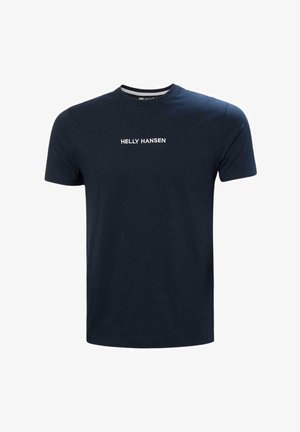 Camiseta de algodão azul marinho com mangas curtas e gola redonda, apresentando o logótipo branco "HELly HANSEN" na parte da frente. Textura lisa, design casual.