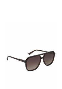  Schildpadprint zonnebril met een rechthoekig montuur, donkere gradiëntlenzen en slanke veren. Bevat een logo op de arm voor branding.