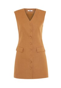 Vestido sin mangas en lino mostaza con escote en V, seis botones frontales y dos bolsillos de parche, que presenta una silueta limpia y ajustada.