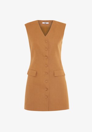 Ärmelloses Kleid aus senfgelbem Leinen mit V-Ausschnitt, sechs Vorderknöpfen und zwei aufgesetzten Taschen, das eine klare, maßgeschneiderte Silhouette aufweist.