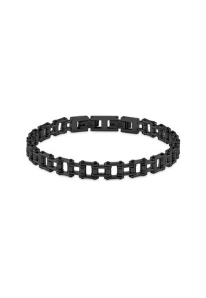 Bracelet en chaîne noire avec des maillons rectangulaires entrelacés et une finition brillante. Texture lisse et largeur uniforme sur toute la longueur.