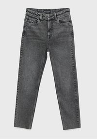 Black high-waisted jeans with a fitted design, made from denim, featuring five pockets and a raw hem. The fabric displays a subtle texture.