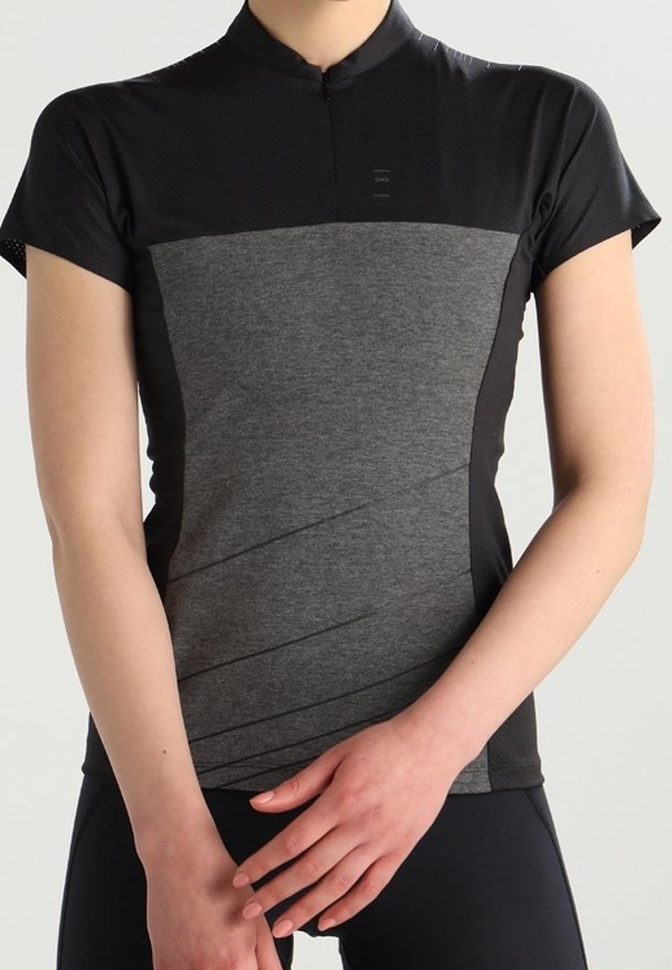 Short-sleeved, black and gray cycling jersey with a high collar, textured fabric, and diagonal pattern on the front. Form-fitting design.