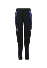 Czarne spodnie sportowe z fioletowymi akcentami, o dopasowanym kroju, elastycznym pasie i logo przy dolnym brzegu. Wzór w paski po bokach.