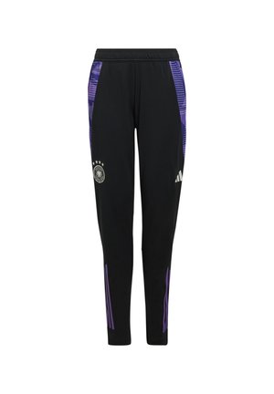 Pantalons de sport noirs avec des accents violets, offrant une coupe ajustée, une taille élastique et un logo près de l'ourlet. Motif rayé sur les côtés.