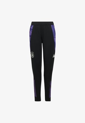 Pantalons de sport noirs avec des accents violets, offrant une coupe ajustée, une taille élastique et un logo près de l'ourlet. Motif rayé sur les côtés.