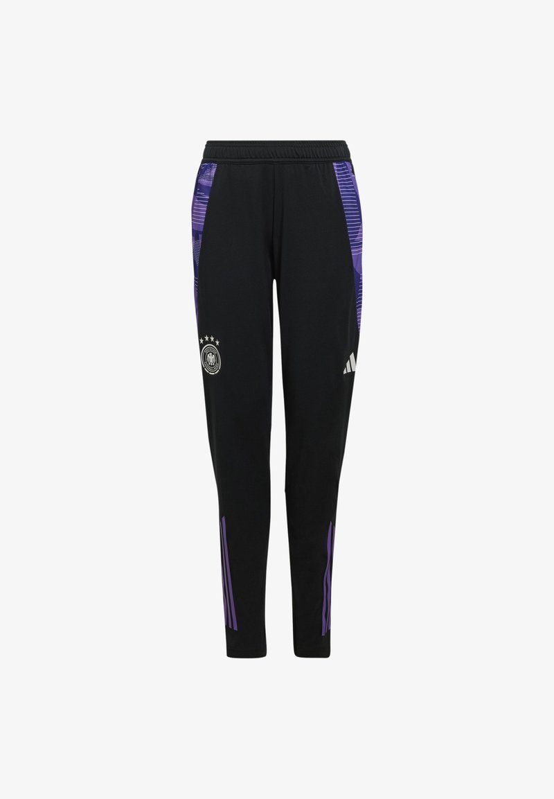 Pantaloni sportivi neri con accenti viola, caratterizzati da una vestibilità aderente, una vita elastica e un logo vicino all'orlo. Motivo a righe sui lati.