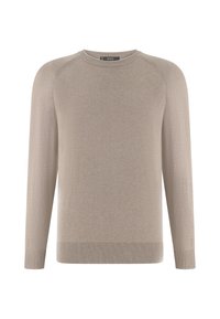 Pull beige pour homme à col rond, manches longues, poignets et ourlet côtelés, présenté sur fond blanc.