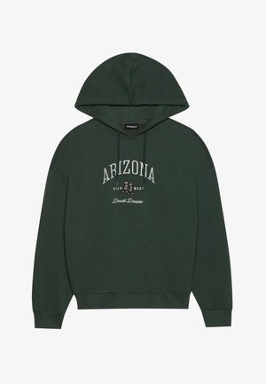 Groene hoodie van katoen, met een voorop bedrukt logo dat "ARIZONA Wild West Desert Dreams" leest, voorzien van een trekkoordhoed en ribbelboorden.