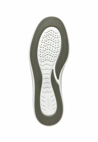 Die Schuhsohle ist mit einem strukturierten weißen Design und einer braunen Gummibasis versehen. Sie verfügt über Belüftungslöcher und ein wellenförmiges Profil für besseren Grip.