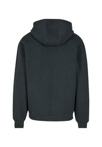 Hoodie gris foncé avec une coupe décontractée, un capuchon à cordon, des poignets et une taille côtelés, doté d'une texture lisse et d'un design minimaliste.