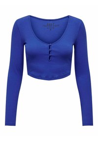 Top corto a maniche lunghe blu realizzato in materiale a coste, caratterizzato da una scollatura a girocollo e tre bottoni sul fronte per la chiusura.