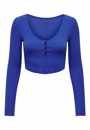 Top corto a maniche lunghe blu realizzato in materiale a coste, caratterizzato da una scollatura a girocollo e tre bottoni sul fronte per la chiusura.