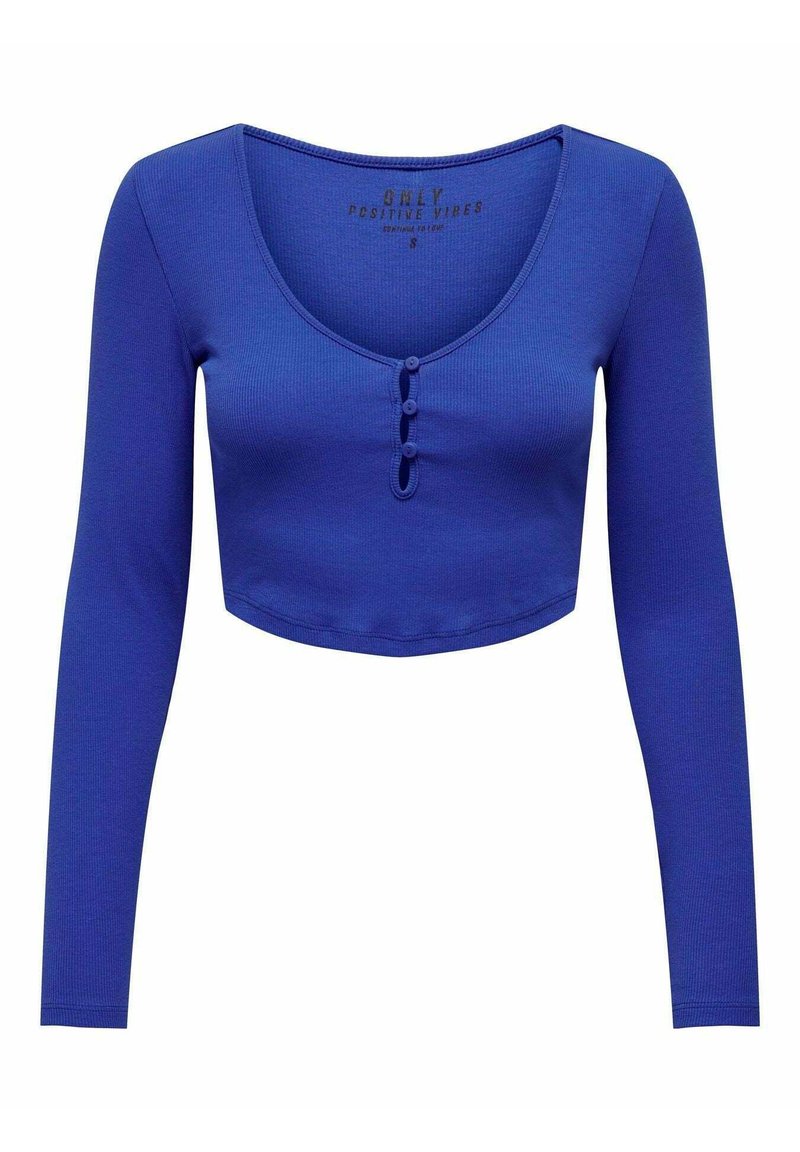 Top corto a maniche lunghe blu realizzato in materiale a coste, caratterizzato da una scollatura a girocollo e tre bottoni sul fronte per la chiusura.
