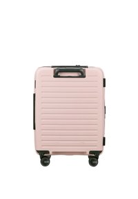 Compact pink hard-shell suitcase with horizontal ridges, black handles, and four swivel wheels on a white background.
