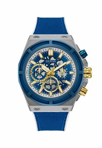 Blaues Chronograph-Armbanduhr mit einem Gehäuse aus Edelstahl, strukturiertem blauen Armband, goldenen Akzenten und einem detailreichen blauen Zifferblatt mit mehreren Unterdials.