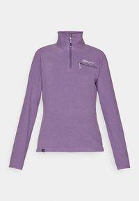 Lila Fleece-Pullover mit hohem Kragen, halbem Reißverschluss vorne und Brusttasche. Verfügt über ein kleines Logo und kontrastierende Nähte.