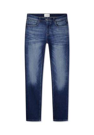 Slim-fit blauwe denim jeans met voorzakken, vervagingdetails op de dijen, riemlussen en knoopsluiting bij de taille.
