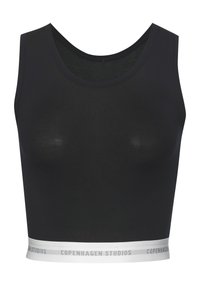 Black crop top made of soft fabric, featuring a round neckline and a contrasting white band at the hem with "COPENHAGEN STUDIOS" text.
