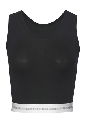 Black crop top made of soft fabric, featuring a round neckline and a contrasting white band at the hem with "COPENHAGEN STUDIOS" text.