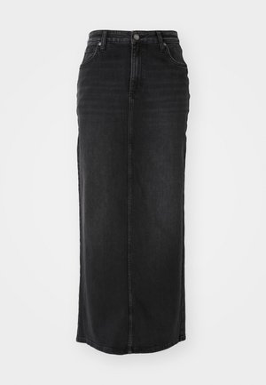 Fustă maxi din denim negru cu croială dreaptă, talie medie, buzunare frontale și cusături vizibile pe șanțuri.