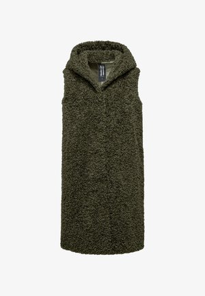 Olijfgroene mouwloze vest, gemaakt van geztructureerde, pluizige stof, met een capuchon en een rechte snit. Geen knopen of ritsen zichtbaar.